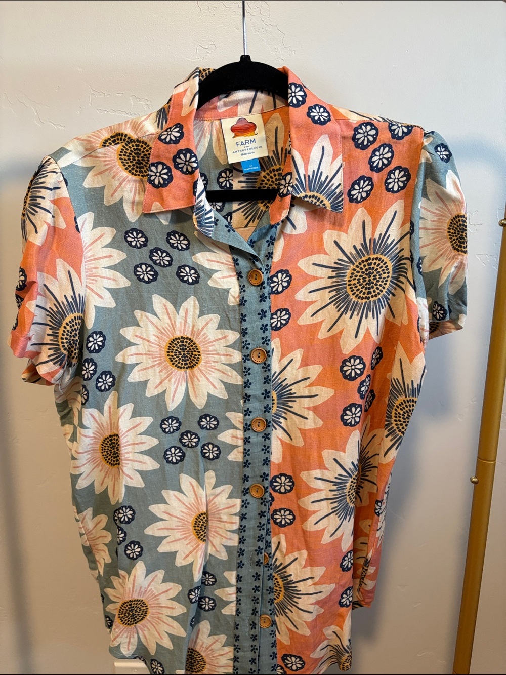 Farm Rio women’s Floral Button-Up Shirt in Coral & Sage